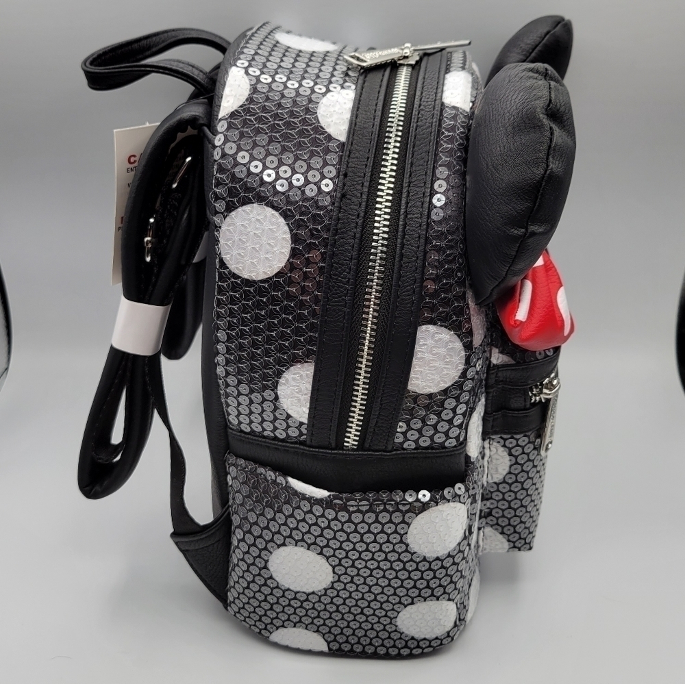 Loungefly Disney Minnie Mouse Sequined Polka Dot Black White Backpack - Picture 5 of 7